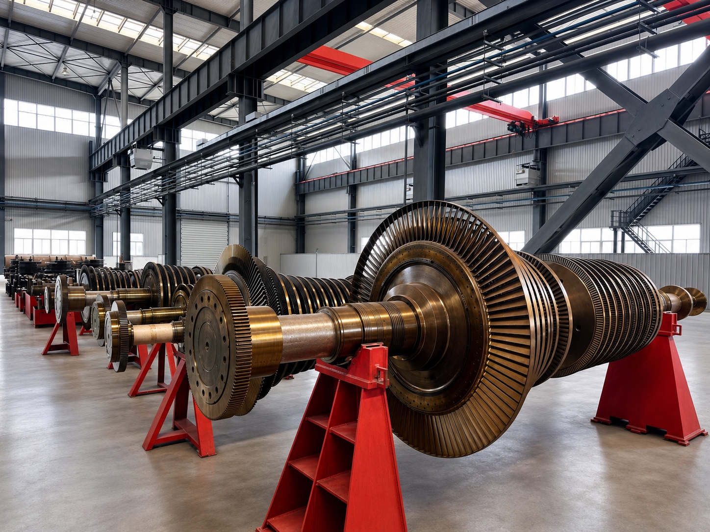 Turbine rotors arranged in a precision engineering workshop